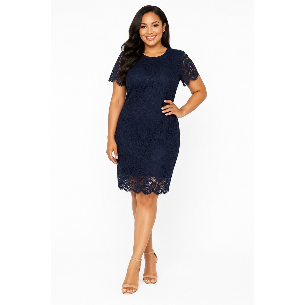 Banana Republic Navy Floral Lace Sheath Dress Short Sleeve Eyelash Trim‎ Size 12